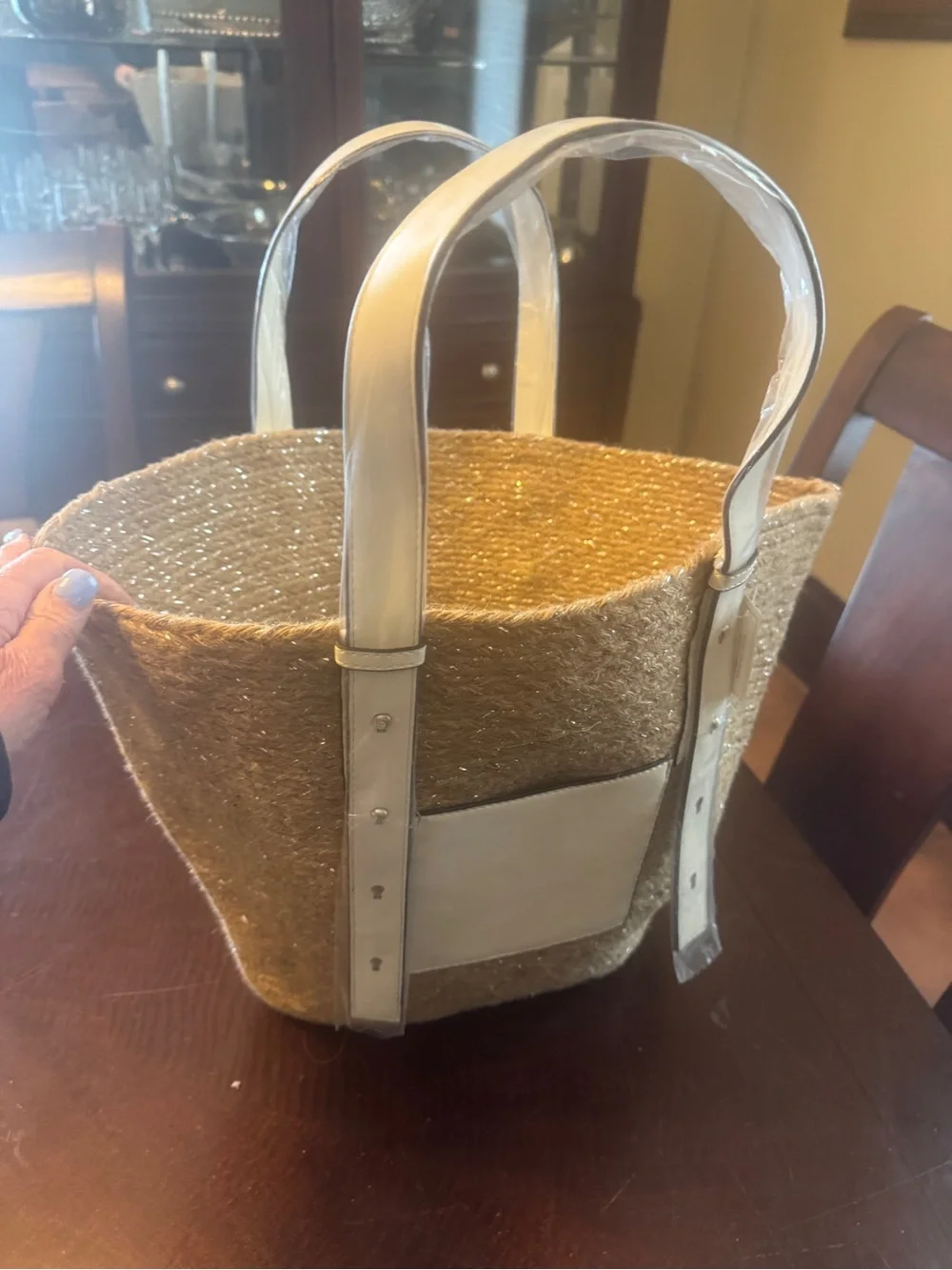 Woven Straw Tote Bag with White Leather Straps